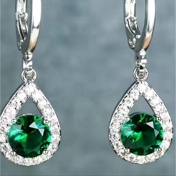 Round White, Red, Blue or Green Sapphire Silver Plated Drop Earrings - Picture 7 of 8